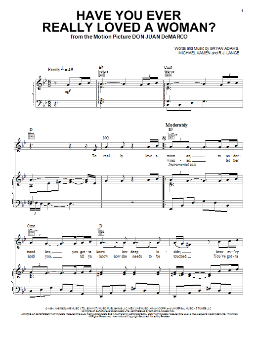 Bryan Adams Have You Ever Really Loved A Woman? (from Don Juan DeMarco) sheet music notes and chords. Download Printable PDF.