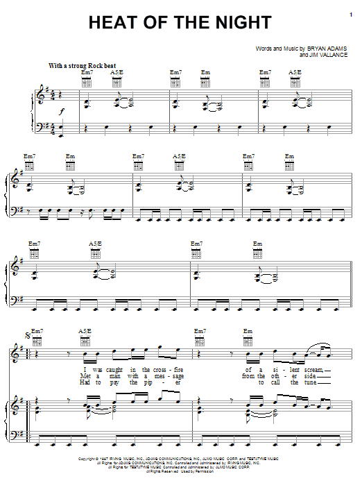 Learn to play Bryan Adams Heat Of The Night sheet music for Lead Sheet / Fake Book in minutes. Price: 5.9900$ Bryan Adams Heat Of The Night sheet music notes and chords arranged for Lead Sheet / Fake Book