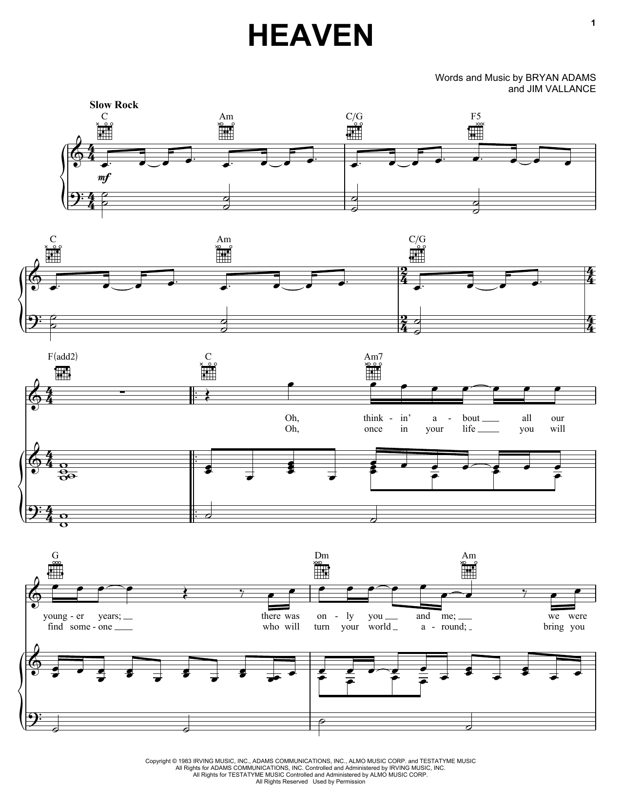 Rizo periscopio favorito Bryan Adams "Heaven" Sheet Music PDF Notes, Chords | Rock Score Piano Chords/Lyrics  Download Printable. SKU: 106728