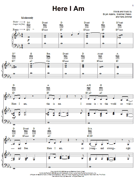 Learn to play Bryan Adams Here I Am (from Spirit: Stallion Of The Cimarron) sheet music for Piano, Vocal & Guitar (Right-Hand Melody) in minutes. Bryan Adams Here I Am (from Spirit: Stallion Of The Cimarron) sheet music notes and chords