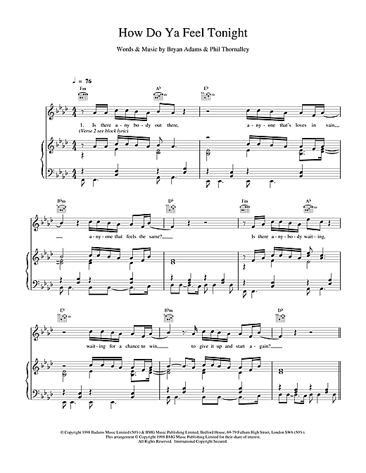 Learn to play Bryan Adams How Do Ya Feel Tonight sheet music for Piano, Vocal & Guitar (Right-Hand Melody) in minutes. Bryan Adams How Do Ya Feel Tonight sheet music notes and chords