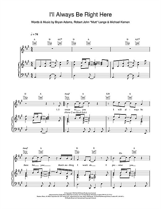 Learn to play Bryan Adams I'll Always Be Right Here sheet music for Piano, Vocal & Guitar (Right-Hand Melody) in minutes. Bryan Adams I'll Always Be Right Here sheet music notes and chords