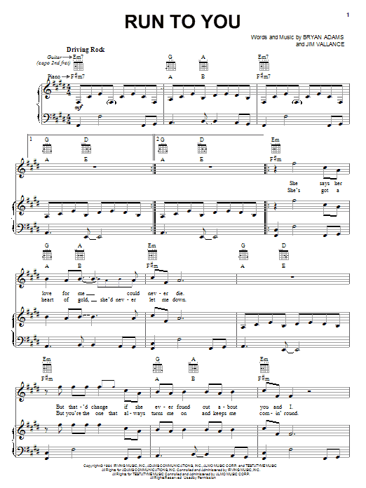 Bryan Adams Run To You sheet music notes and chords. Download Printable PDF.