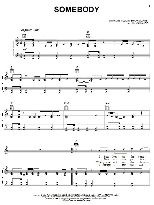 Learn to play Bryan Adams Somebody sheet music for Guitar Tab in minutes. Bryan Adams Somebody sheet music notes and chords. Download Printable PDF.