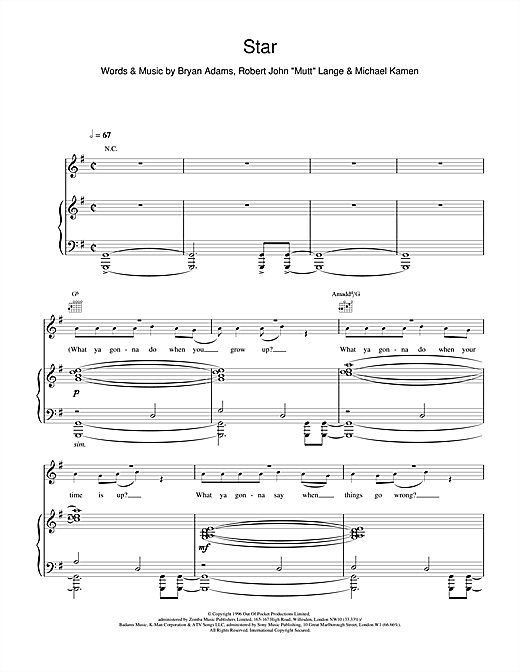 Bryan Adams Star sheet music notes and chords. Download Printable PDF.