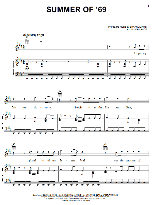 Bryan Adams Summer Of '69 sheet music notes and chords. Download Printable PDF.