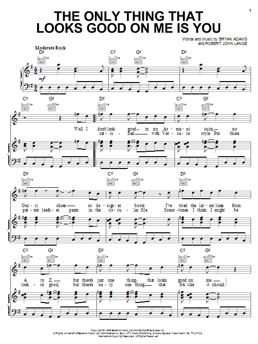 Learn to play Bryan Adams The Only Thing That Looks Good On Me Is You sheet music for Piano, Vocal & Guitar (Right-Hand Melody) in minutes. Bryan Adams The Only Thing That Looks Good On Me Is You sheet music notes and chords. Download Printable PDF.