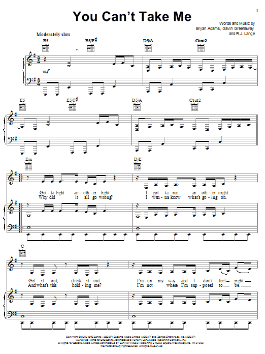 Learn to play Bryan Adams You Can't Take Me sheet music for Piano, Vocal & Guitar (Right-Hand Melody) in minutes. Bryan Adams You Can't Take Me sheet music notes and chords. Download Printable PDF.