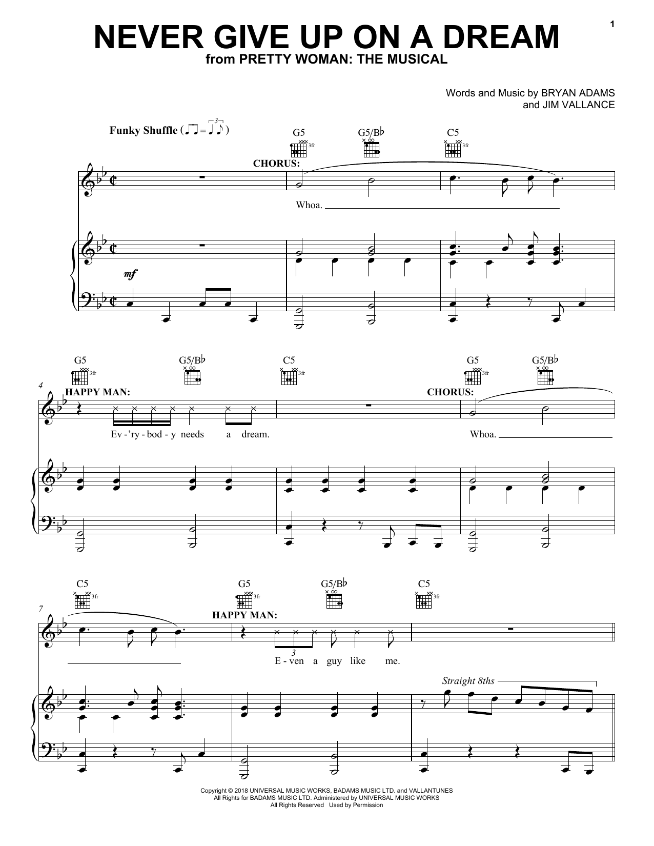 Learn to play Bryan Adams & Jim Vallance Never Give Up On A Dream (from Pretty Woman: The Musical) sheet music for Piano, Vocal & Guitar Chords (Right-Hand Melody) in minutes. Price: 7.8900$ Bryan Adams & Jim Vallance Never Give Up On A Dream (from Pretty Woman: The Musical) sheet music notes and chords arranged for Piano, Vocal & Guitar Chords (Right-Hand Melody)