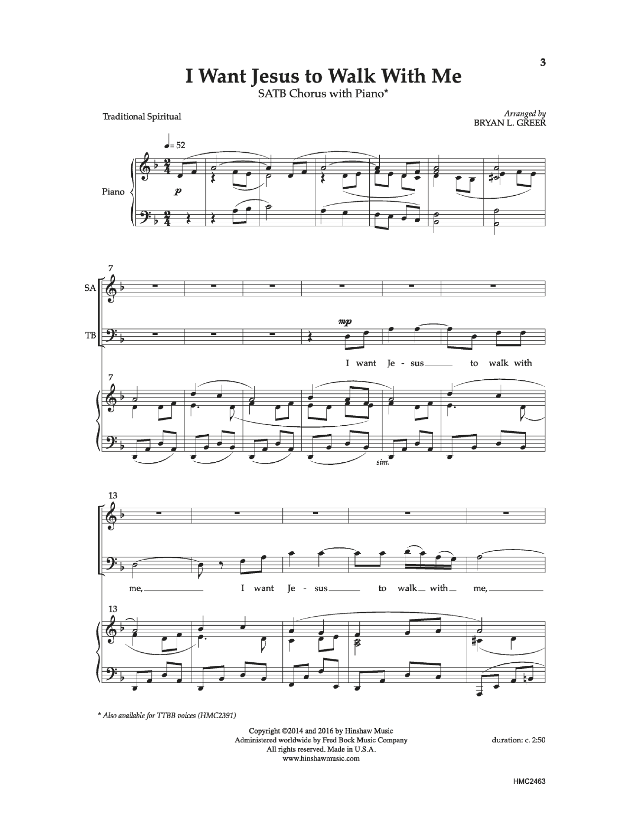 Learn to play Bryan Greer I Want Jesus To Walk With Me sheet music for SATB Choir in minutes. Price: 3.9900$ Bryan Greer I Want Jesus To Walk With Me sheet music notes and chords arranged for SATB Choir