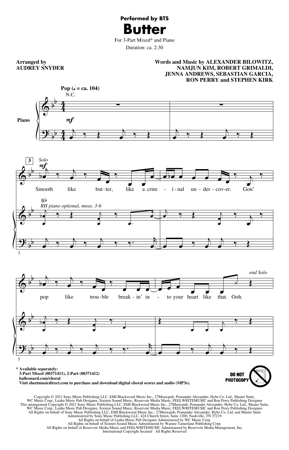 BTS Butter (arr. Audrey Snyder) sheet music notes and chords. Download Printable PDF.