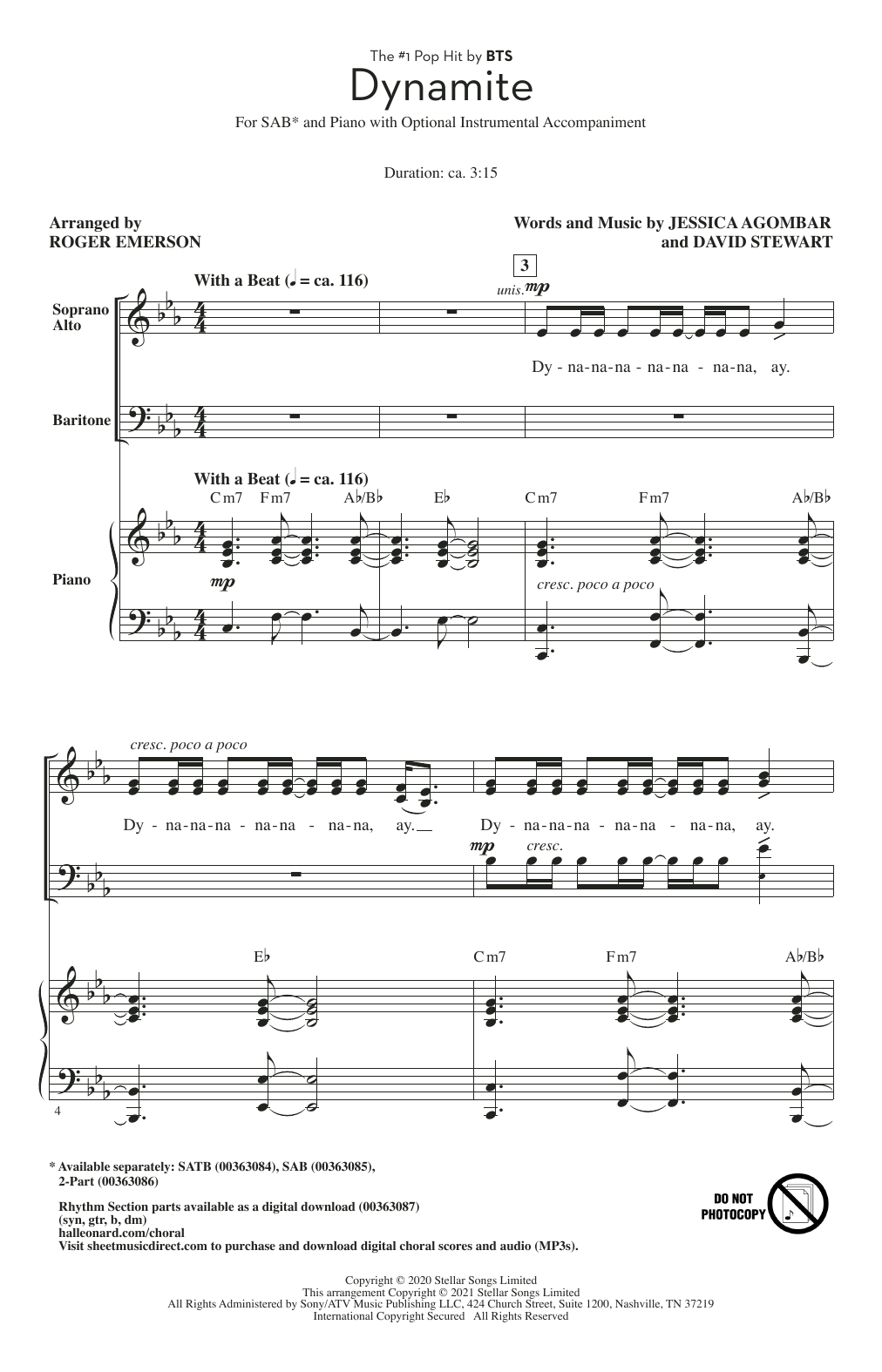 BTS Dynamite (arr. Roger Emerson) sheet music notes and chords. Download Printable PDF.