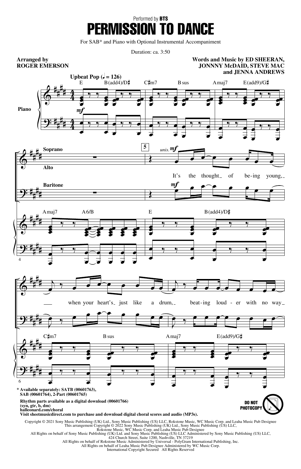 BTS Permission To Dance (arr. Roger Emerson) sheet music notes and chords. Download Printable PDF.