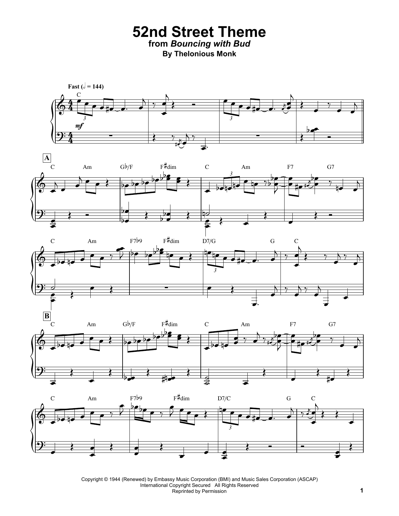 Bud Powell 52nd Street Theme sheet music notes and chords. Download Printable PDF.