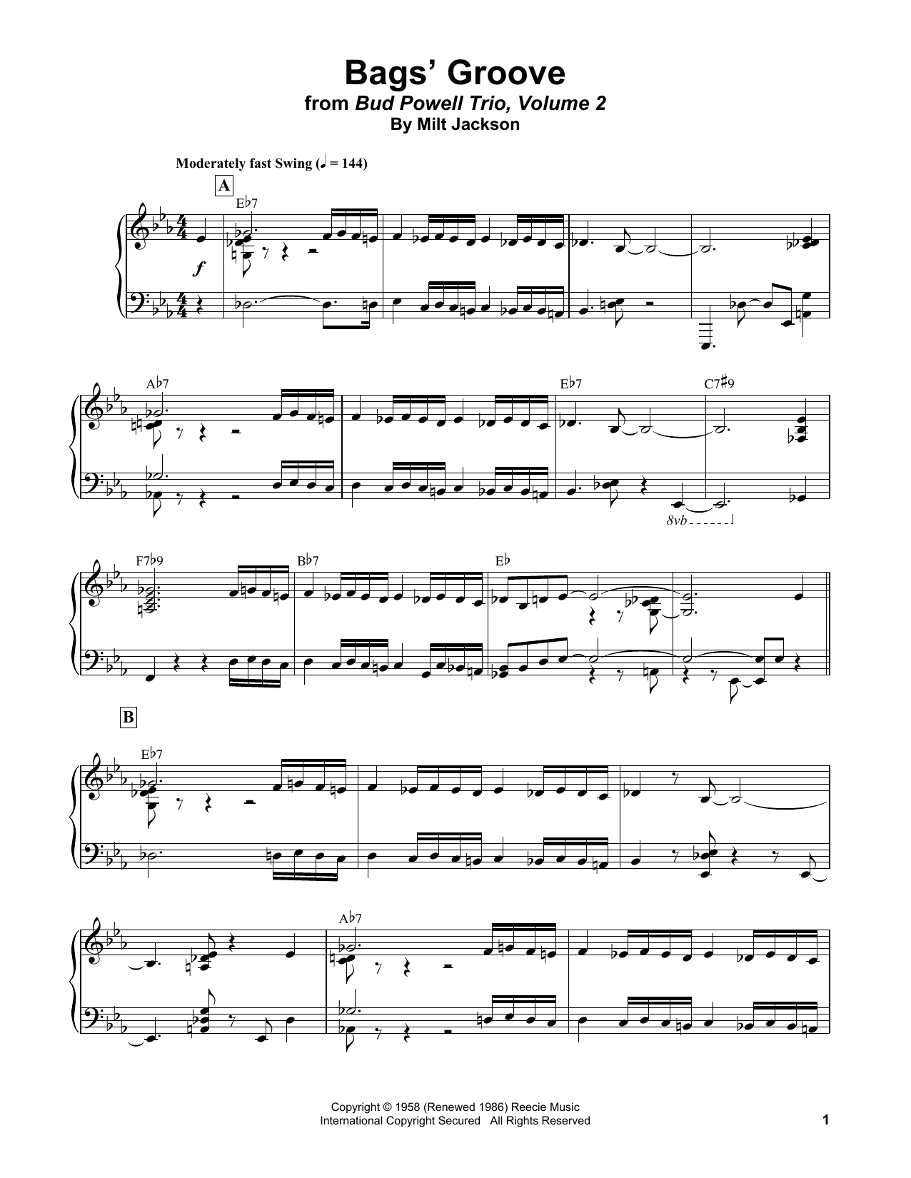 Bud Powell Bags' Groove sheet music notes and chords. Download Printable PDF.