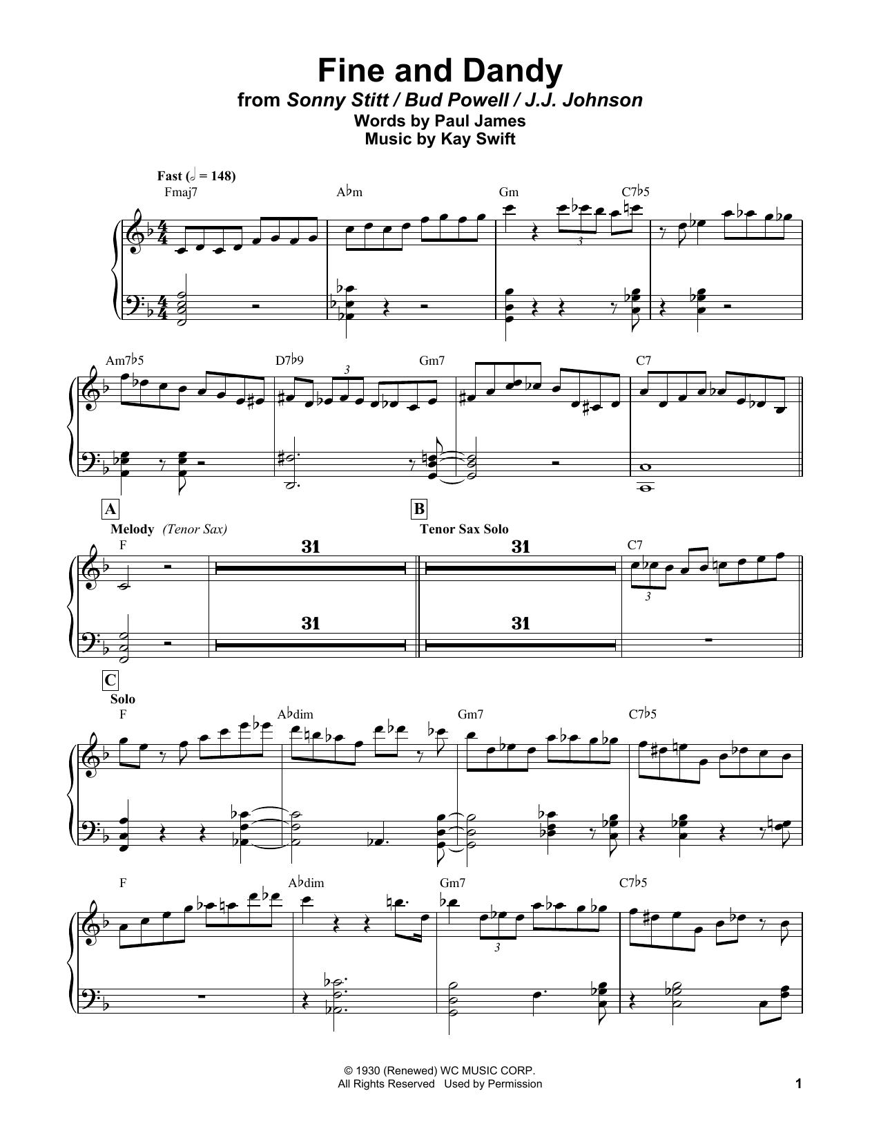 Bud Powell Fine And Dandy sheet music notes and chords. Download Printable PDF.