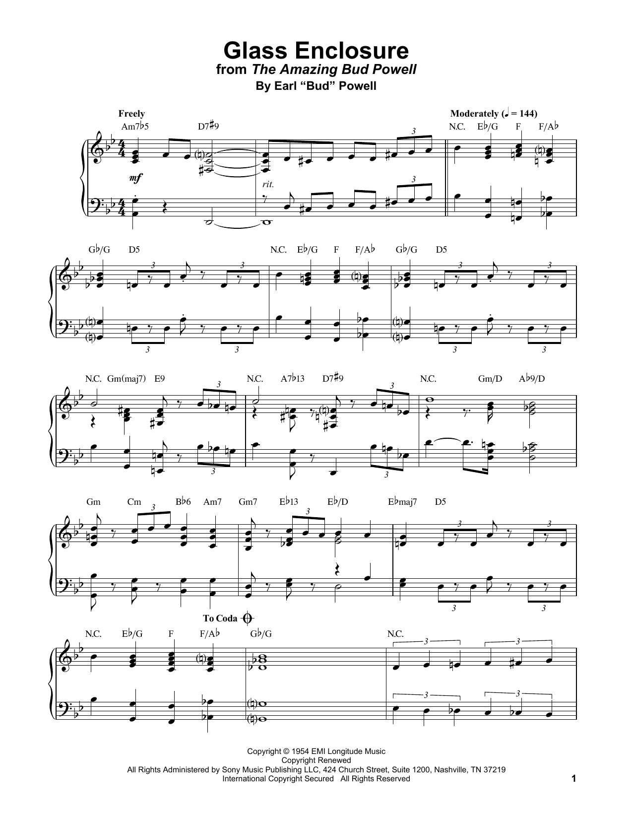 Bud Powell Glass Enclosure sheet music notes and chords. Download Printable PDF.