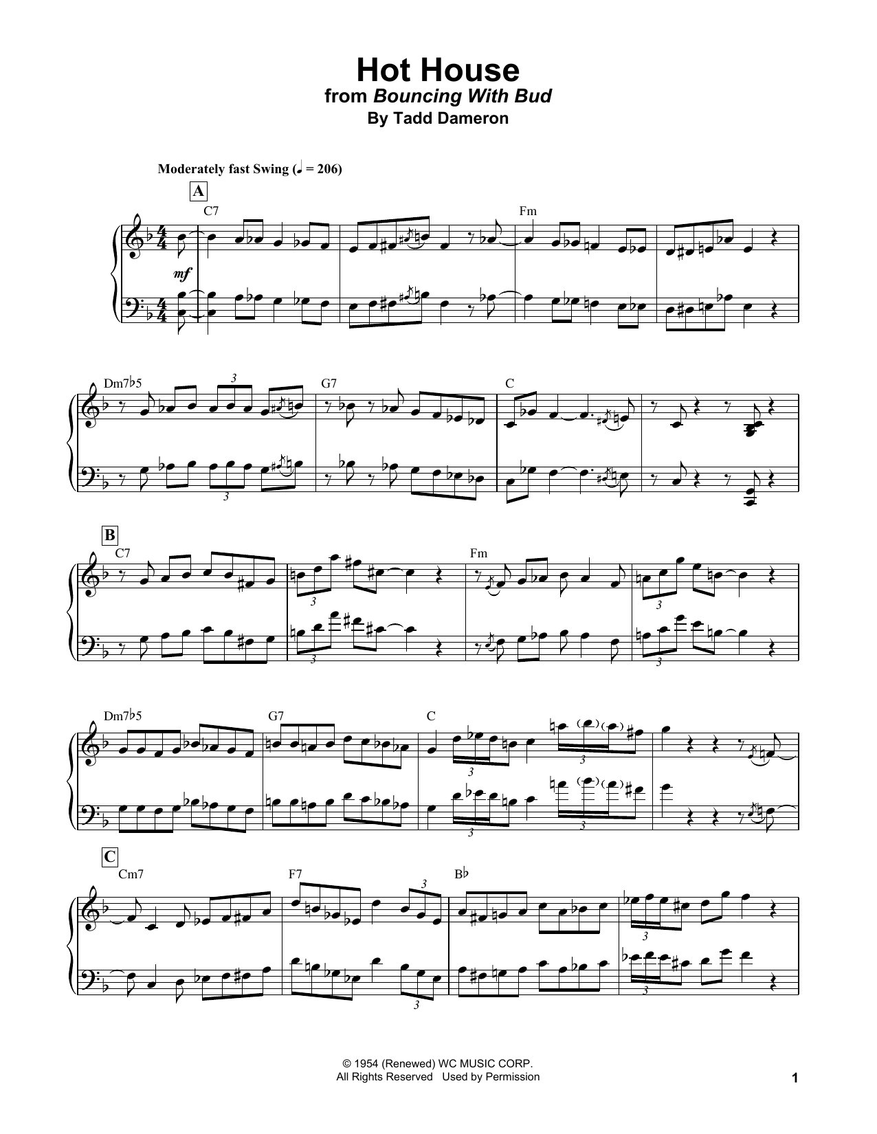 Bud Powell Hot House sheet music notes and chords. Download Printable PDF.