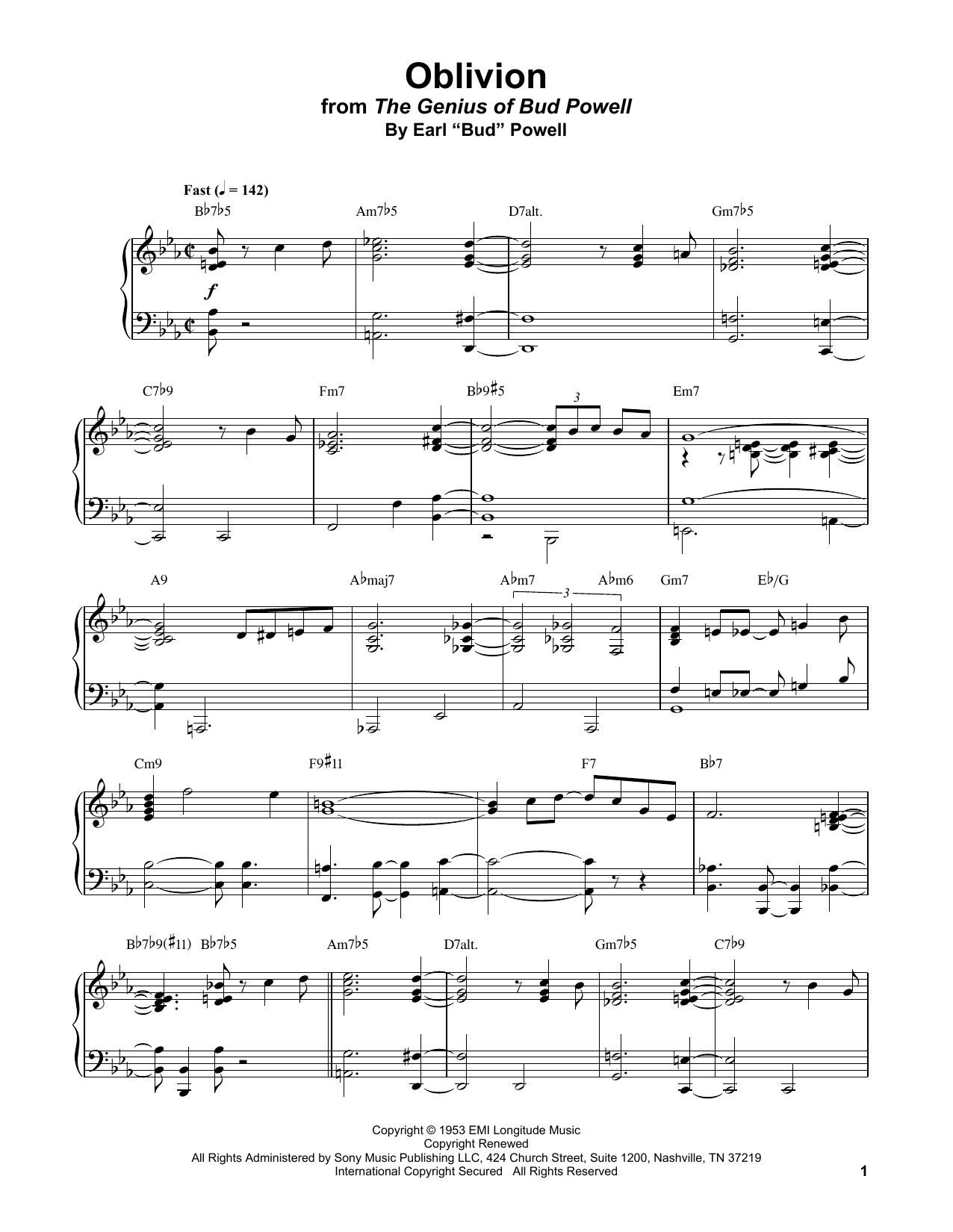 Bud Powell Oblivion sheet music notes and chords. Download Printable PDF.