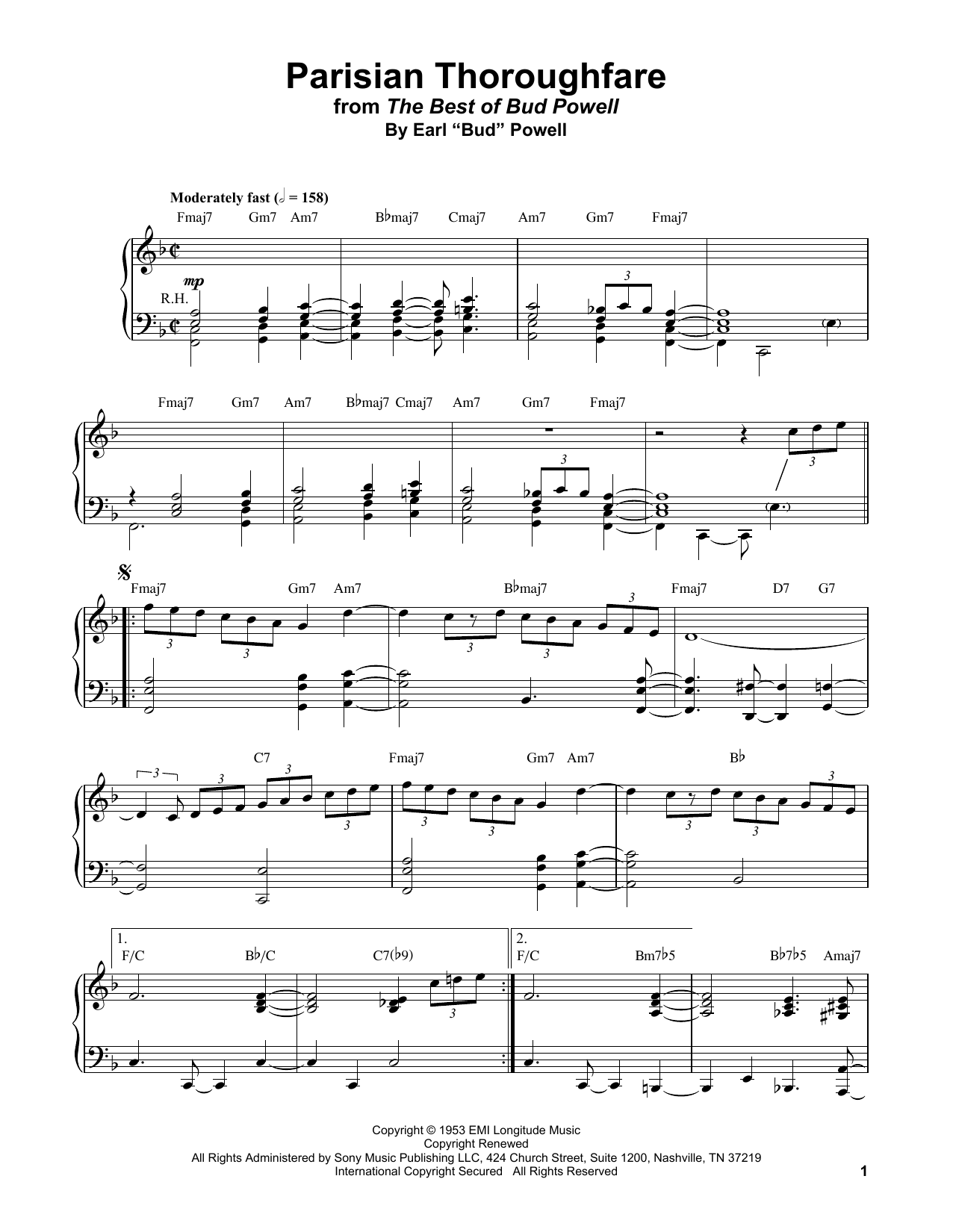 Bud Powell Parisian Thoroughfare sheet music notes and chords. Download Printable PDF.