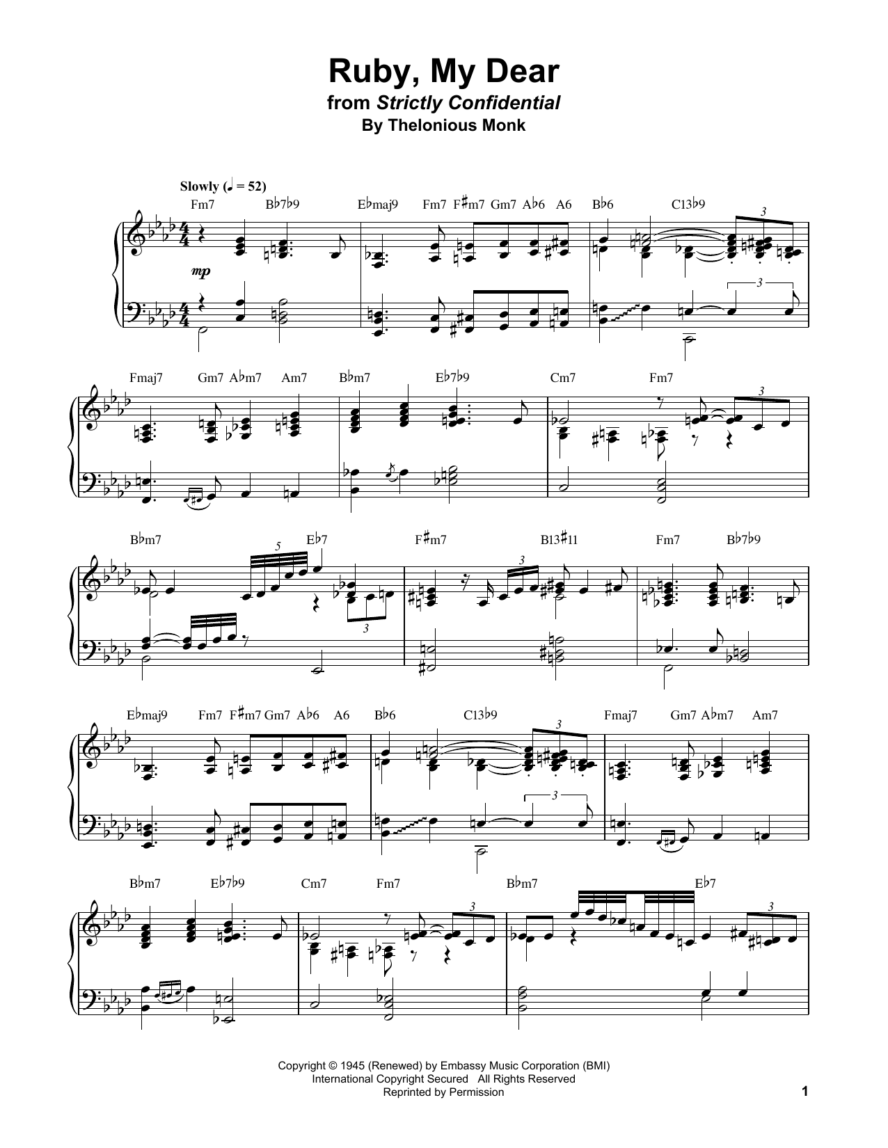 Bud Powell Ruby, My Dear sheet music notes and chords. Download Printable PDF.