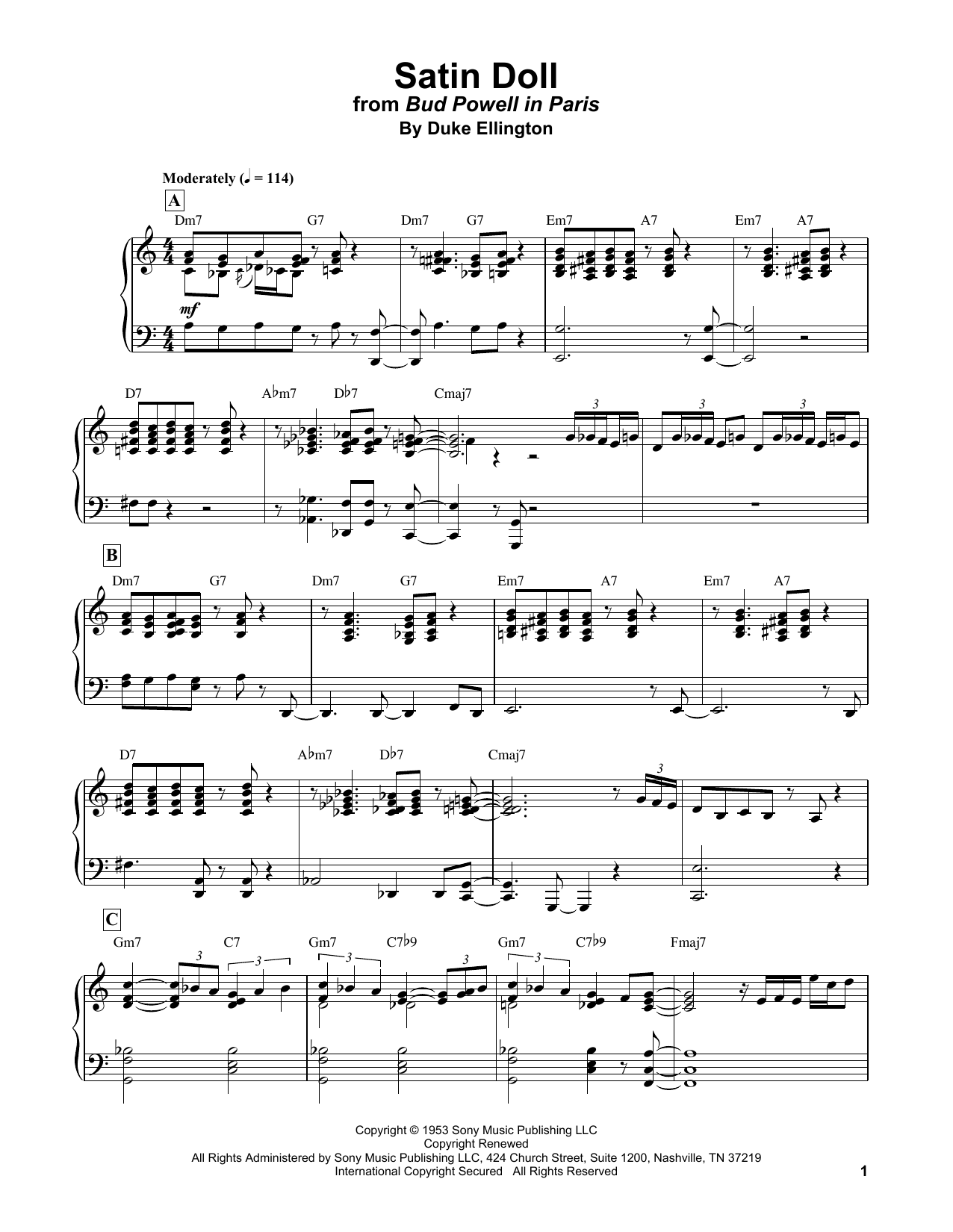 Bud Powell Satin Doll sheet music notes and chords. Download Printable PDF.