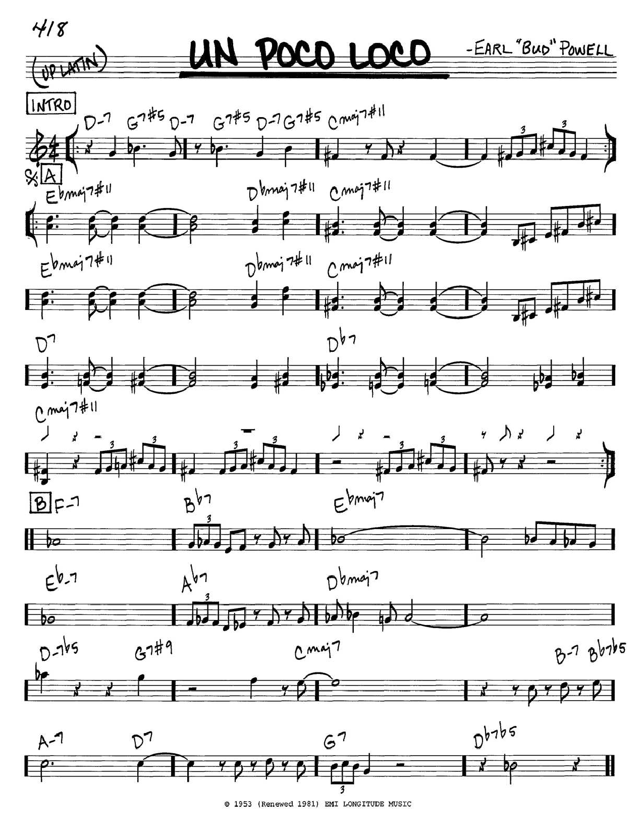 Alegre Contradecir Engreído Bud Powell "Un Poco Loco" Sheet Music PDF Notes, Chords | Jazz Score Piano  Solo Download Printable. SKU: 152657