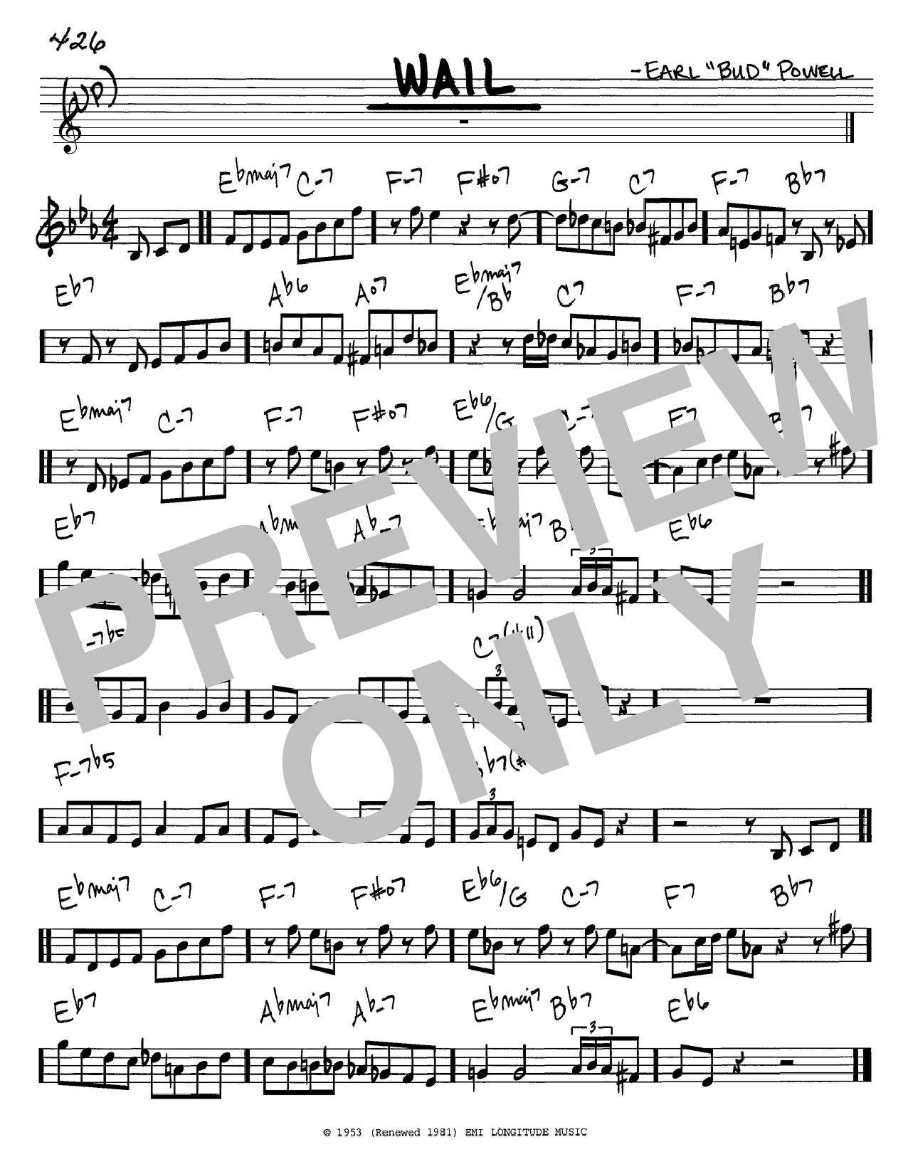 Bud Powell Wail sheet music notes and chords. Download Printable PDF.