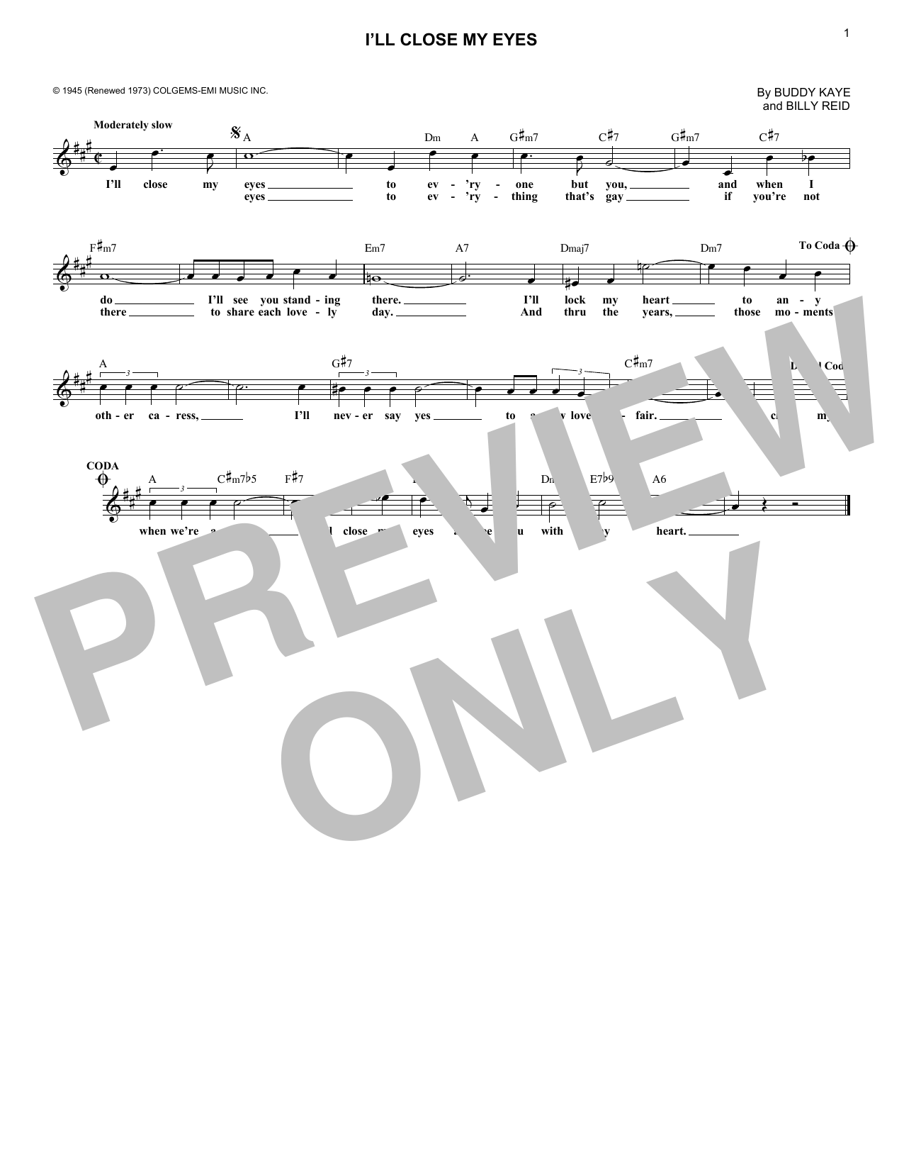 Buddy Kaye I'll Close My Eyes sheet music notes and chords. Download Printable PDF.