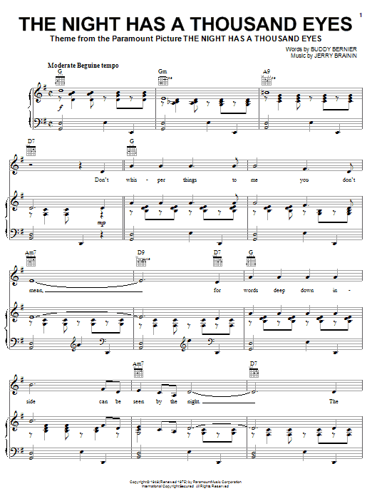 Buddy Bernier The Night Has A Thousand Eyes sheet music notes and chords. Download Printable PDF.