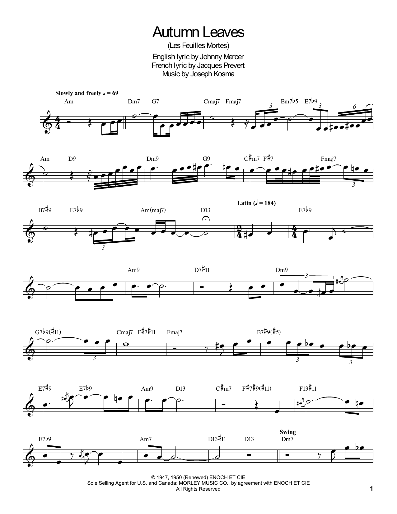 Buddy DeFranco Autumn Leaves sheet music notes and chords. Download Printable PDF.