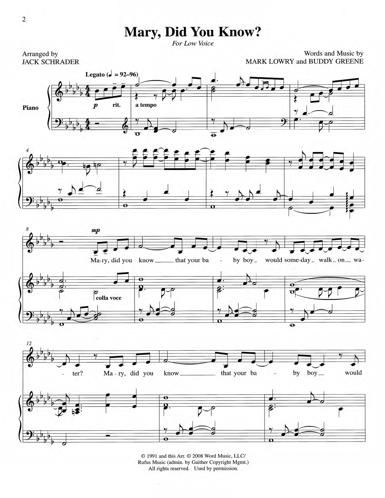 Buddy Greene "Mary, Did You Know?" Sheet Music for Piano & Vocal
