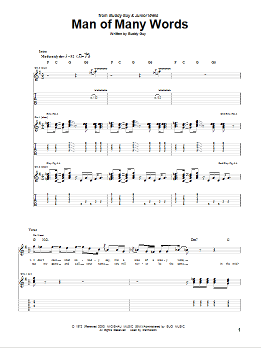 Learn to play Buddy Guy Man Of Many Words sheet music for Guitar Tab (Single Guitar) in minutes. Buddy Guy Man Of Many Words sheet music notes and chords. Download Printable PDF.