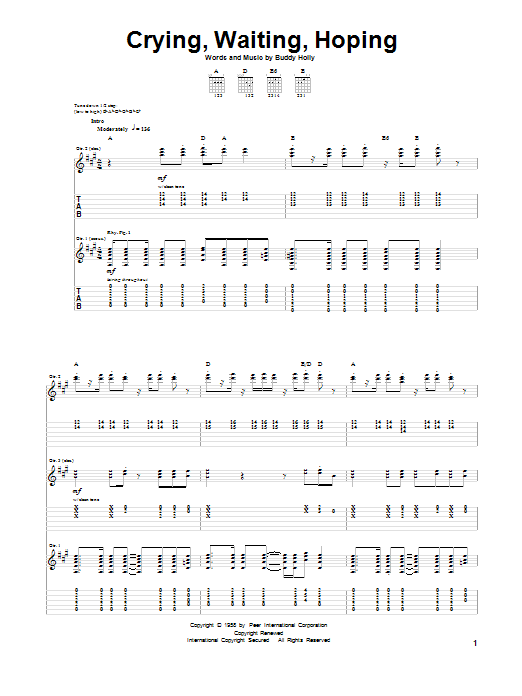 Buddy Holly Crying, Waiting, Hoping sheet music notes and chords. Download Printable PDF.