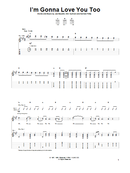 Learn to play Buddy Holly I'm Gonna Love You Too sheet music for Guitar Tab in minutes. Price: 7.8900$ Buddy Holly I'm Gonna Love You Too sheet music notes and chords arranged for Guitar Tab