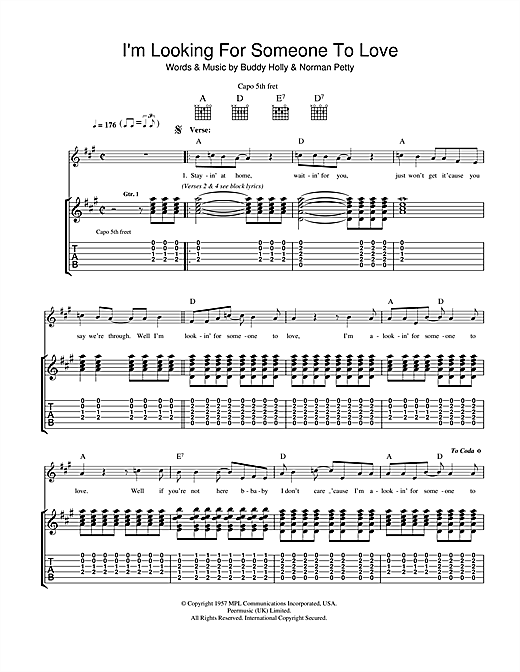 Learn to play Buddy Holly I'm Looking For Someone To Love sheet music for Piano, Vocal & Guitar (Right-Hand Melody) in minutes. Buddy Holly I'm Looking For Someone To Love sheet music notes and chords. Download Printable PDF.