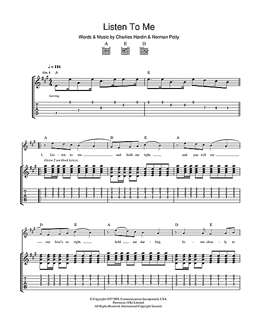 Learn to play Buddy Holly Listen To Me sheet music for Guitar Tab in minutes. Price: 6.9900$ Buddy Holly Listen To Me sheet music notes and chords. Download Printable PDF.