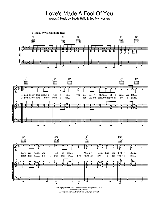 Learn to play Buddy Holly Love's Made A Fool Of You sheet music for Guitar Tab in minutes. Price: 7.8900$ Buddy Holly Love's Made A Fool Of You sheet music notes and chords arranged for Guitar Tab