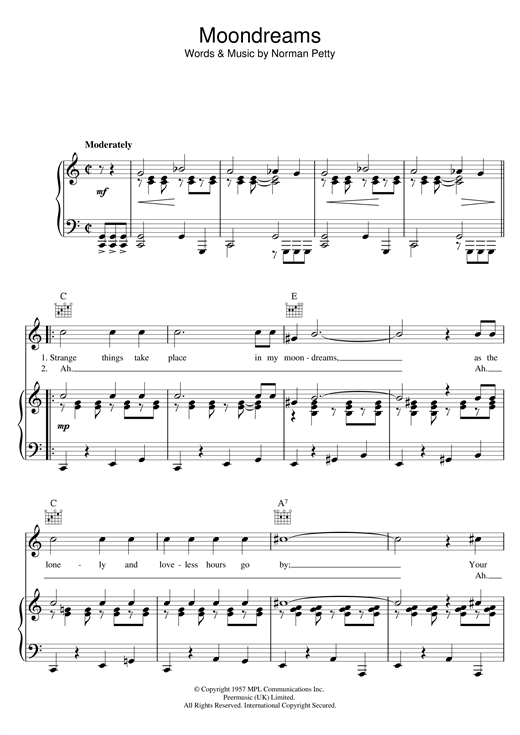 Buddy Holly Moondreams sheet music notes and chords. Download Printable PDF.