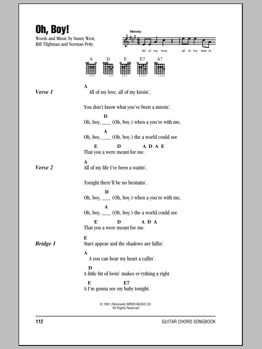 Buddy Holly Oh Boy! sheet music notes and chords. Download Printable PDF.