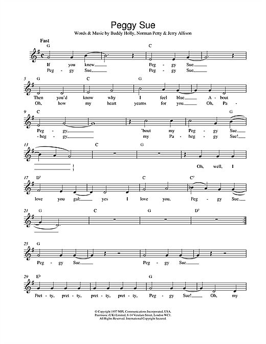 Buddy Holly Peggy Sue sheet music notes and chords. Download Printable PDF.
