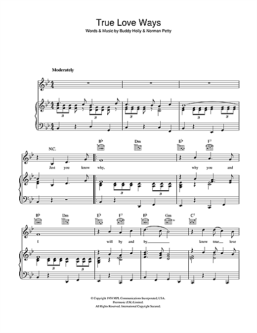 Buddy Holly True Love Ways sheet music notes and chords. Download Printable PDF.
