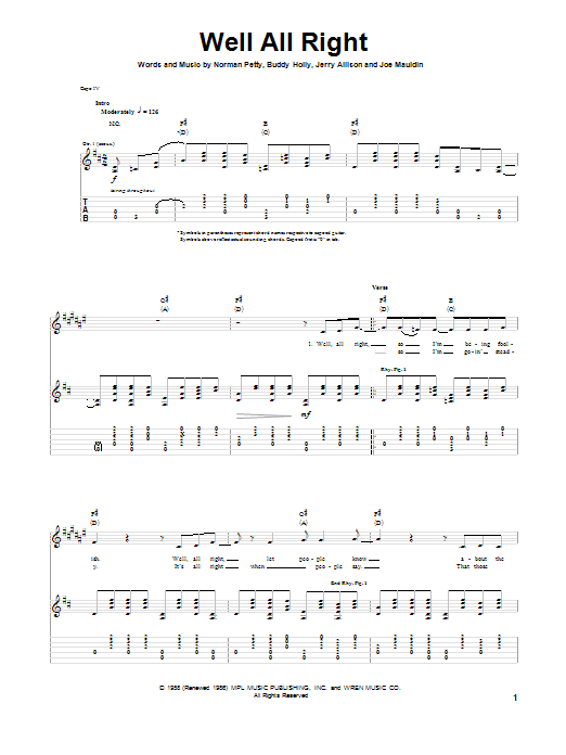 Buddy Holly Well All Right sheet music notes and chords. Download Printable PDF.