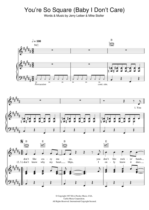 Buddy Holly You Re So Square Baby I Don T Care Sheet Music Pdf Notes Chords Rock Score Piano Vocal Guitar Right Hand Melody Download Printable Sku 124526