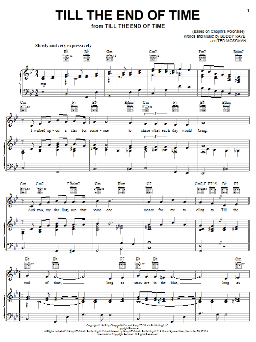 Learn to play Buddy Kaye Till The End Of Time sheet music for Piano, Vocal & Guitar (Right-Hand Melody) in minutes. Buddy Kaye Till The End Of Time sheet music notes and chords. Download Printable PDF.