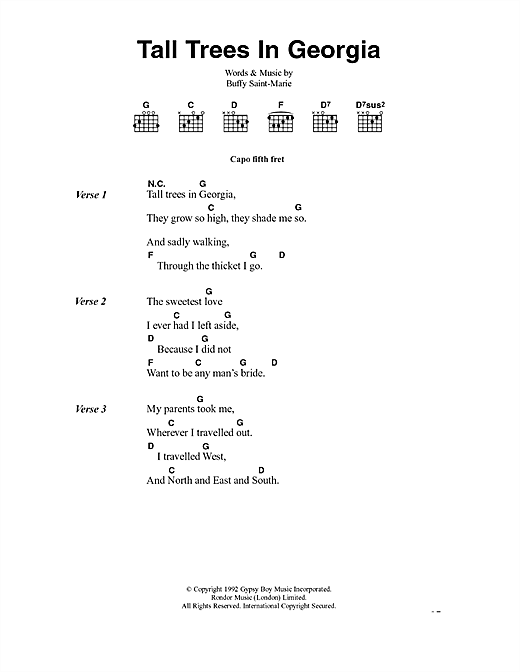 Buffy Saint-Marie Tall Trees In Georgia sheet music notes and chords. Download Printable PDF.