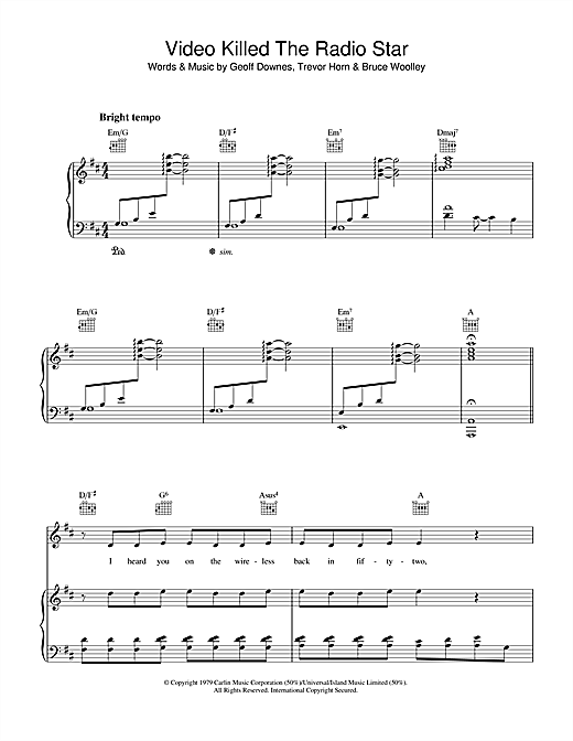 Buggles Video Killed The Radio Star sheet music notes and chords. Download Printable PDF.