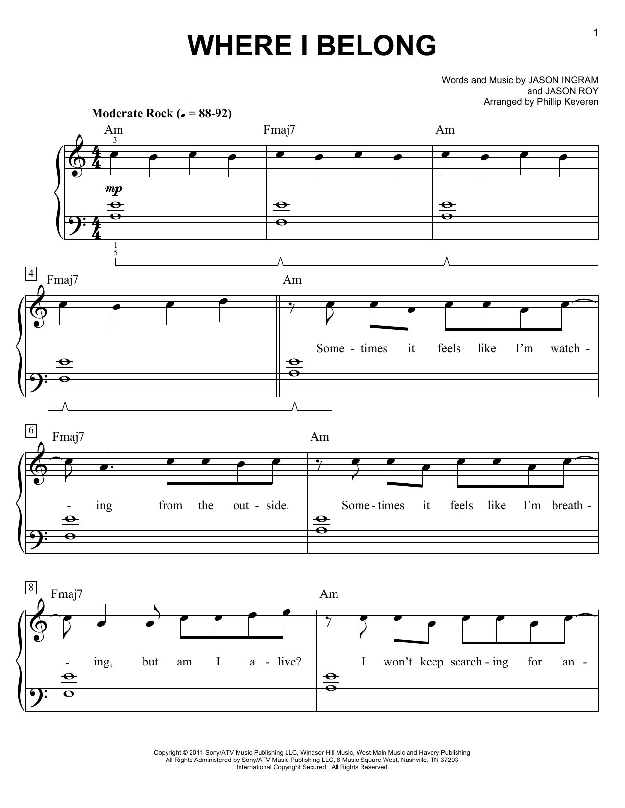 Phillip Keveren Where I Belong sheet music notes and chords. Download Printable PDF.