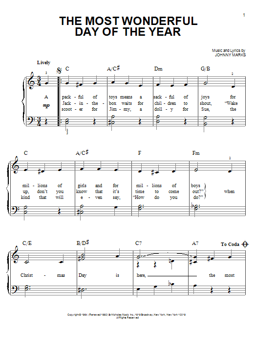 Learn to play Burl Ives The Most Wonderful Day Of The Year sheet music for Easy Piano in minutes. Burl Ives The Most Wonderful Day Of The Year sheet music notes and chords. Download Printable PDF.