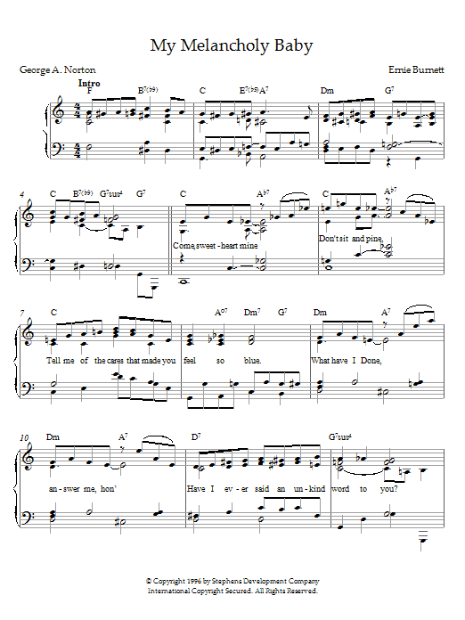 Learn to play Ernie Burnett My Melancholy Baby sheet music for Piano Solo in minutes. Ernie Burnett My Melancholy Baby sheet music notes and chords. Download Printable PDF.